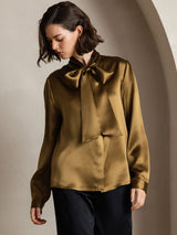 [Marrone] SilkSilky-IT Long Sleeve Tie Neck Bluse 001