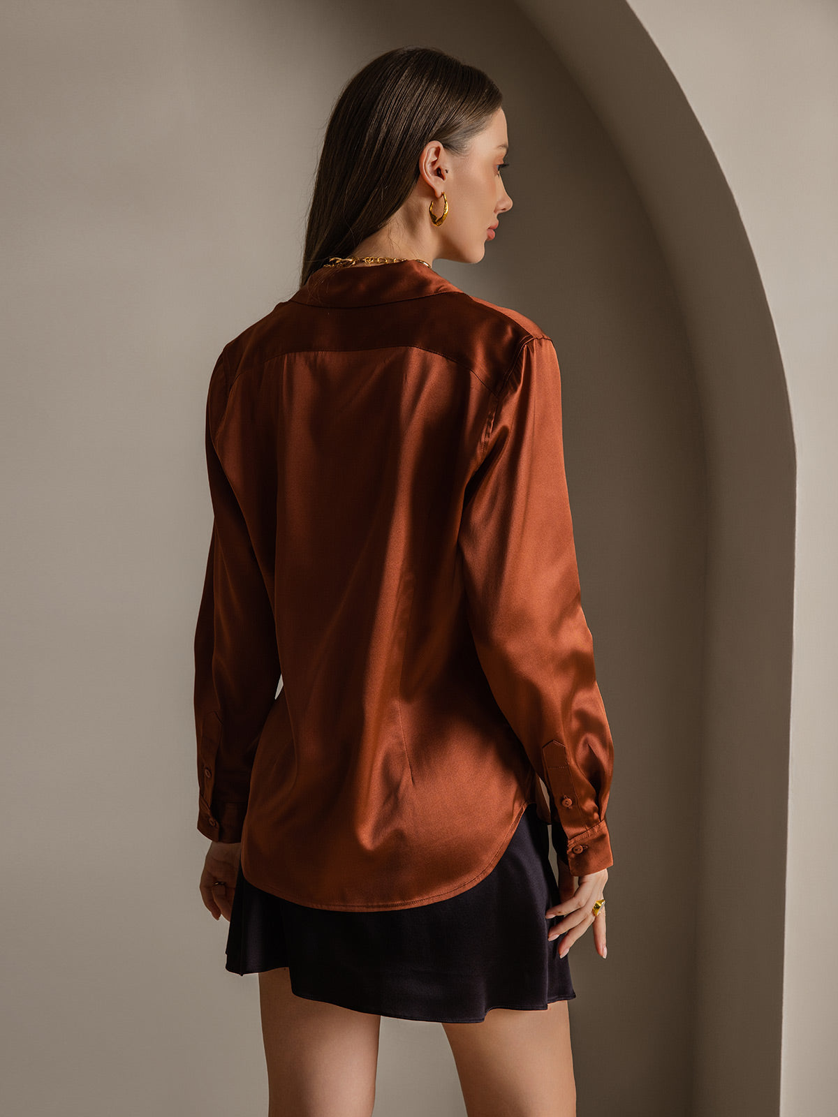 [Caramello] SilkSilky-IT Seta Manica lunga Colletto risvolto Camicie da donna 002