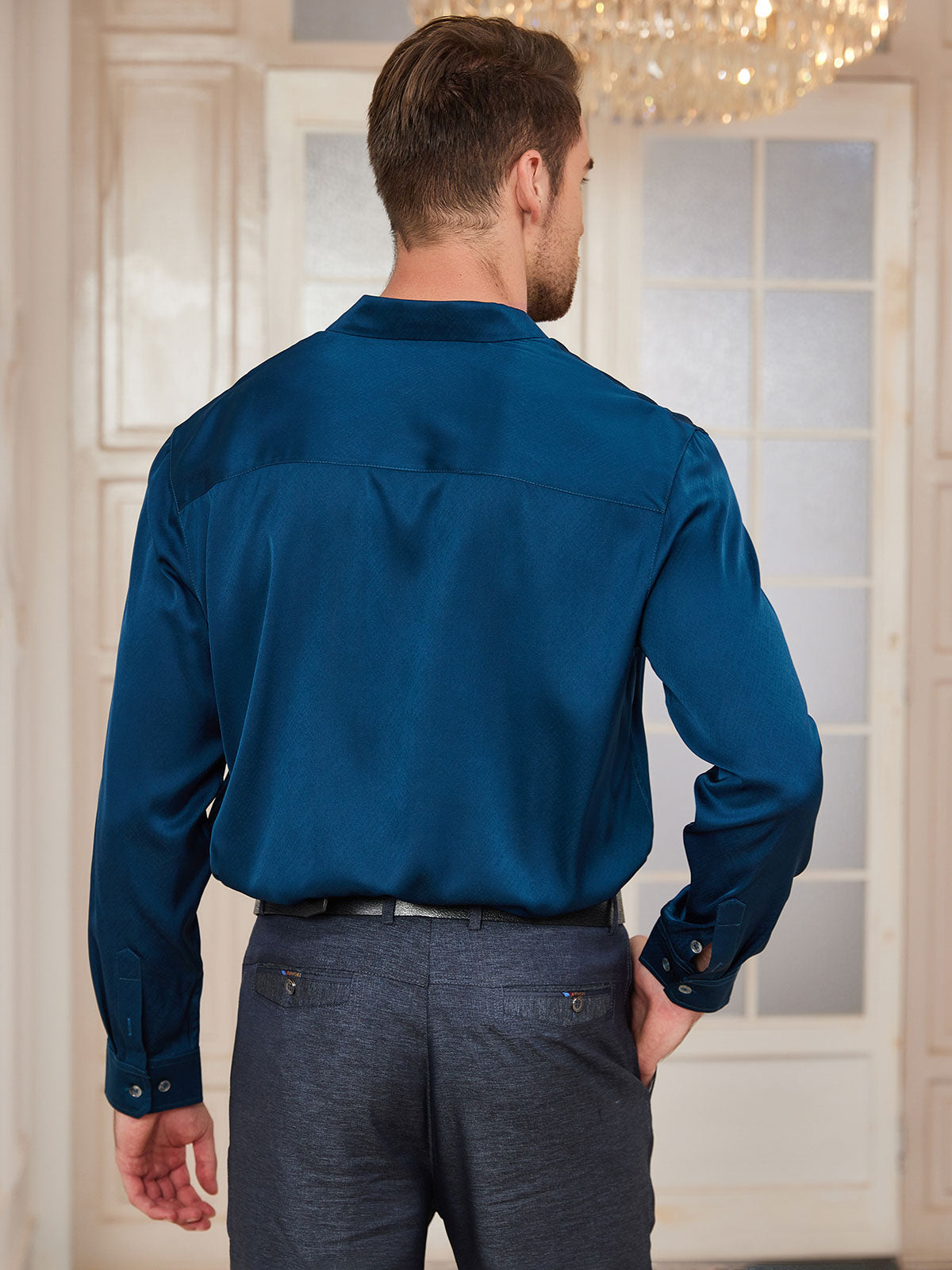 [Verde Acqua] SilkSilky-IT Seta Colletto risvolto Camicia da uomo 002