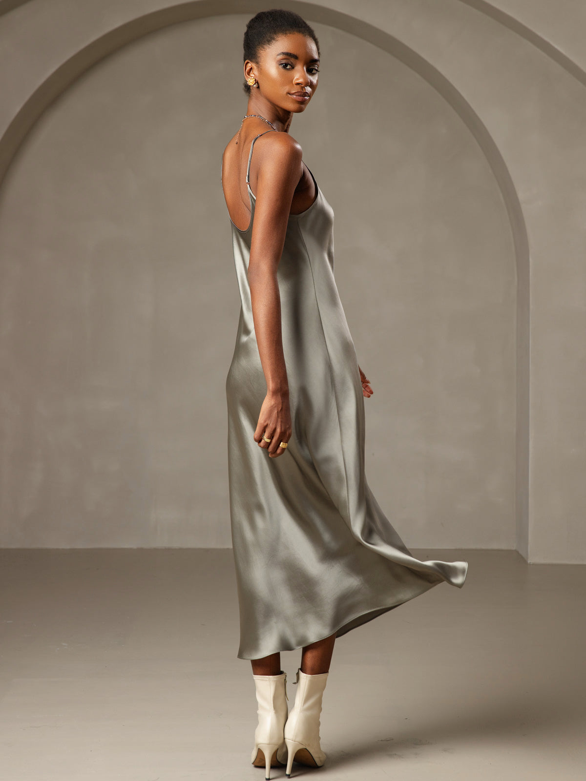 [Verde Grigiastro] SilkSilky-IT Seta pura Nightgown 002,