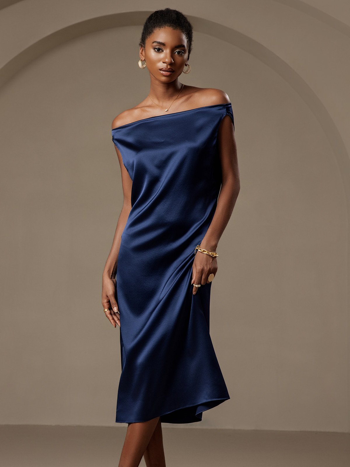 [Blu Scuro] SilkSilky-IT 19Momme Senza maniche Collo drappeggiato Vestiti da donna 003