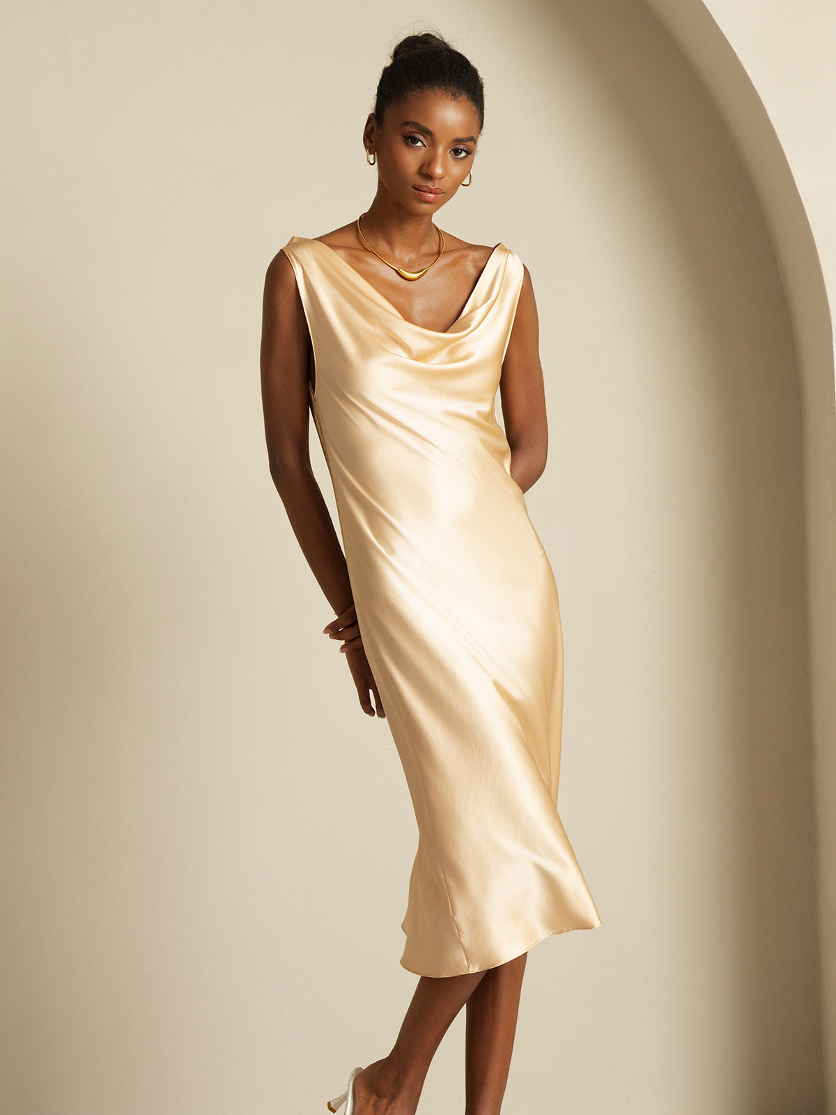 [Champagne] SilkSilky-IT 19Momme Seta Collo drappeggiato Vestiti da donna 007