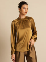 [Bronzo] SilkSilky-IT 19Momme Manica lunga Scollo rotondo Camicette 001