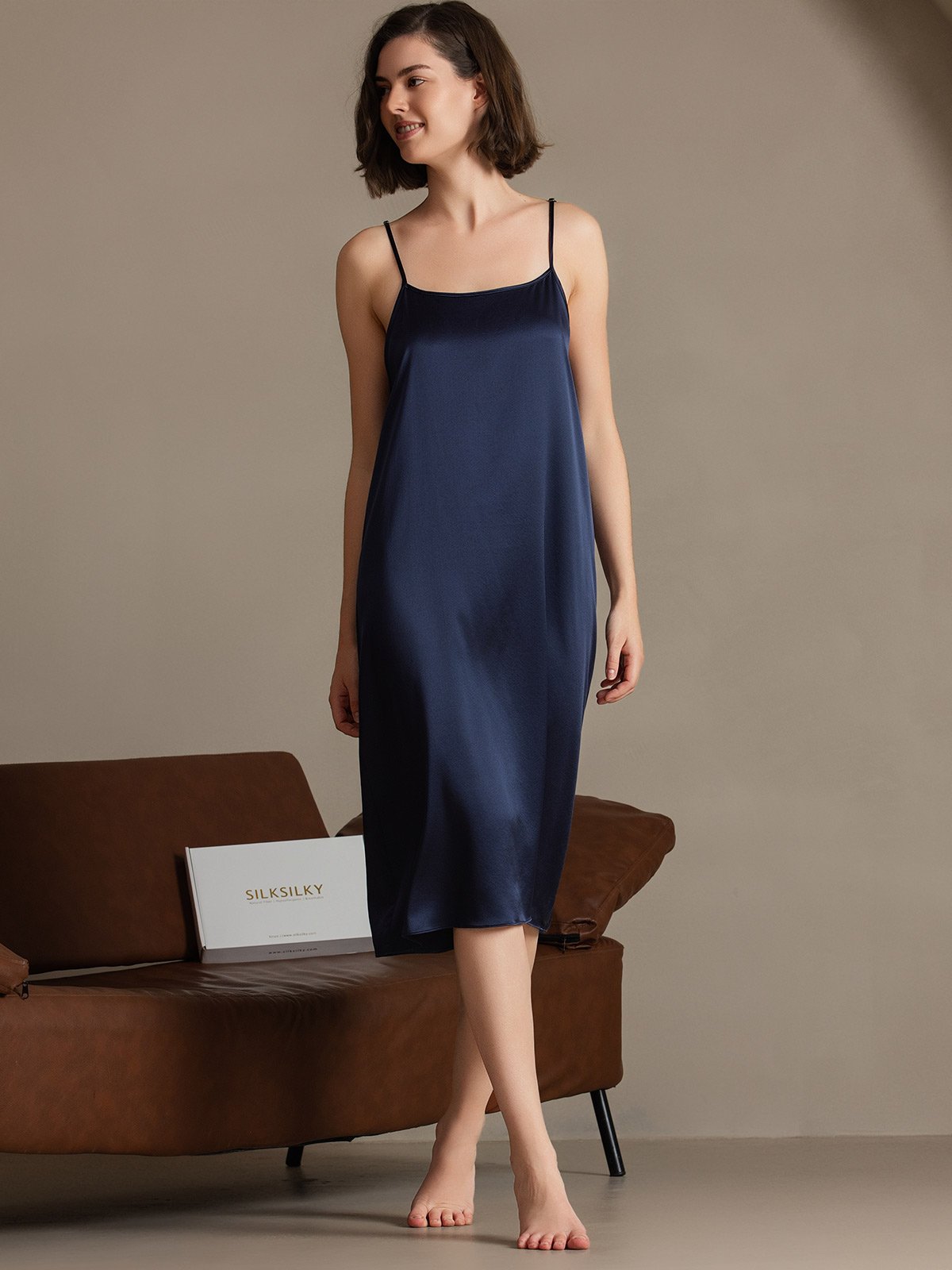 [Blu Scuro] SilkSilky-IT 19Momme Seta Senza maniche Dress 007