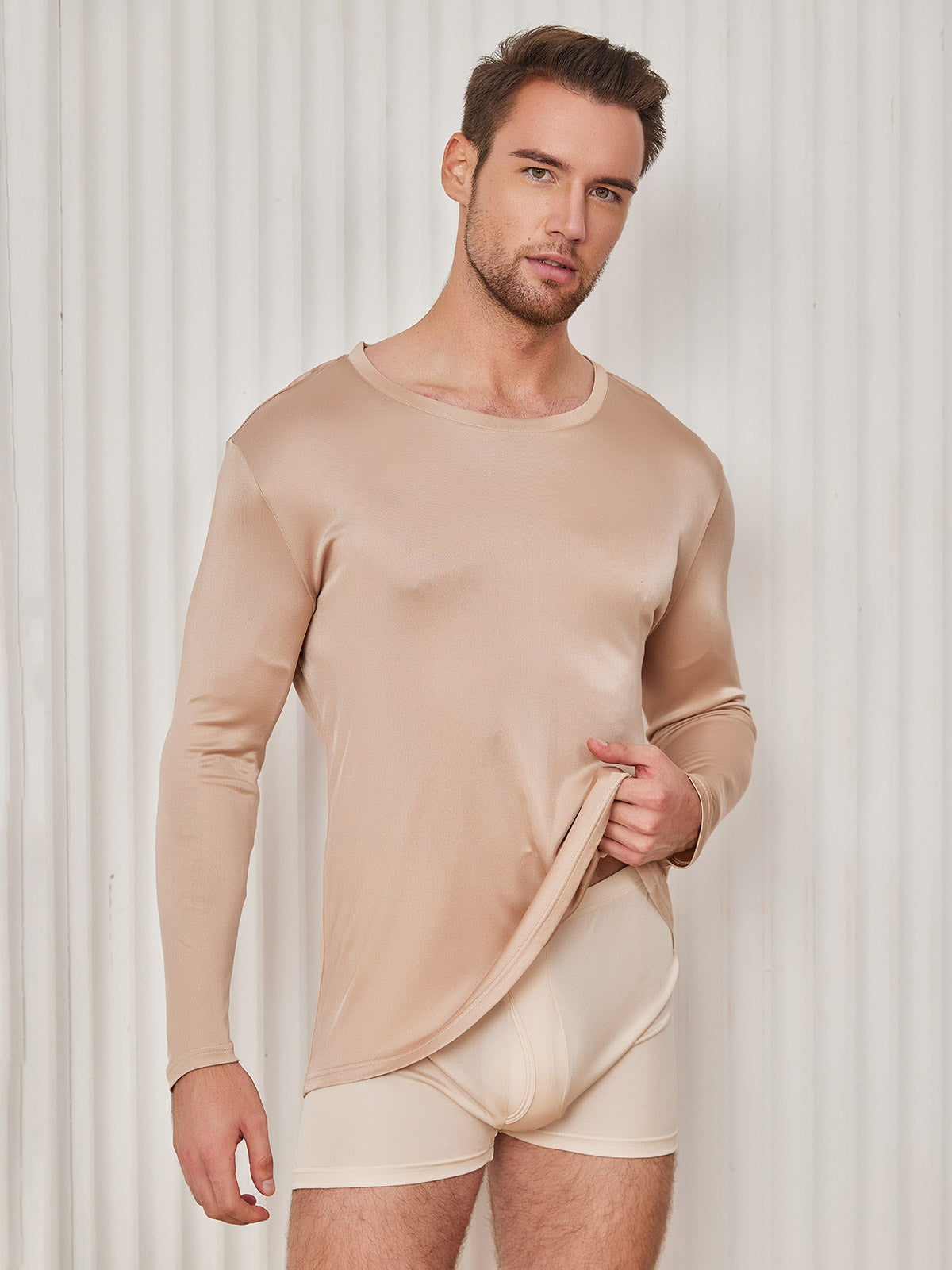 [Beige] SilkSilky-IT Maglia di seta Mens T-Shirt 001