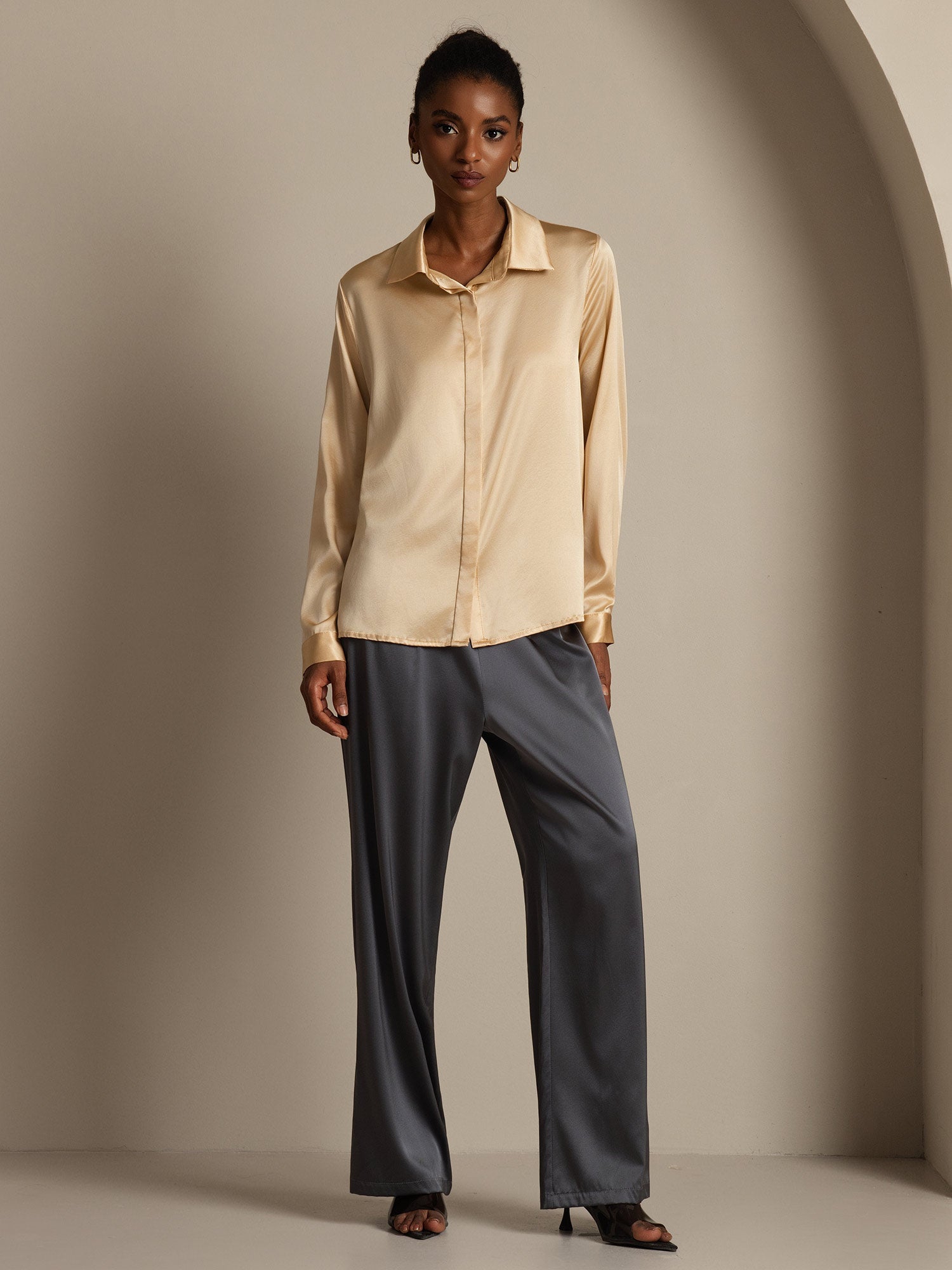 [Champagne] SilkSilky-IT 19Momme Manica lunga Colletto con Revers Camicie da donna 008
