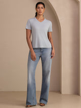 [Blu Grigiastro] SilkSilky-IT Short Sleeve V Neck Magliette donna 006