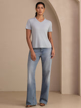 [Blu Grigiastro] SilkSilky-IT Short Sleeve V Neck Magliette donna 006