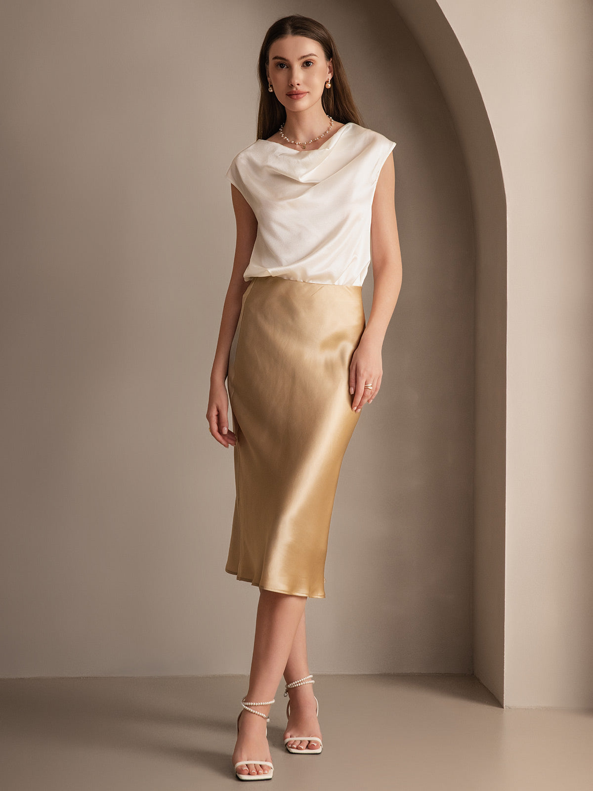 [Champagne] SilkSilky-IT 19Momme Seta pura Skirt 003,