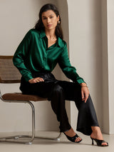 [Verde Scuro] SilkSilky-IT Long Sleeve Lapel Collar Camicie da donna 001