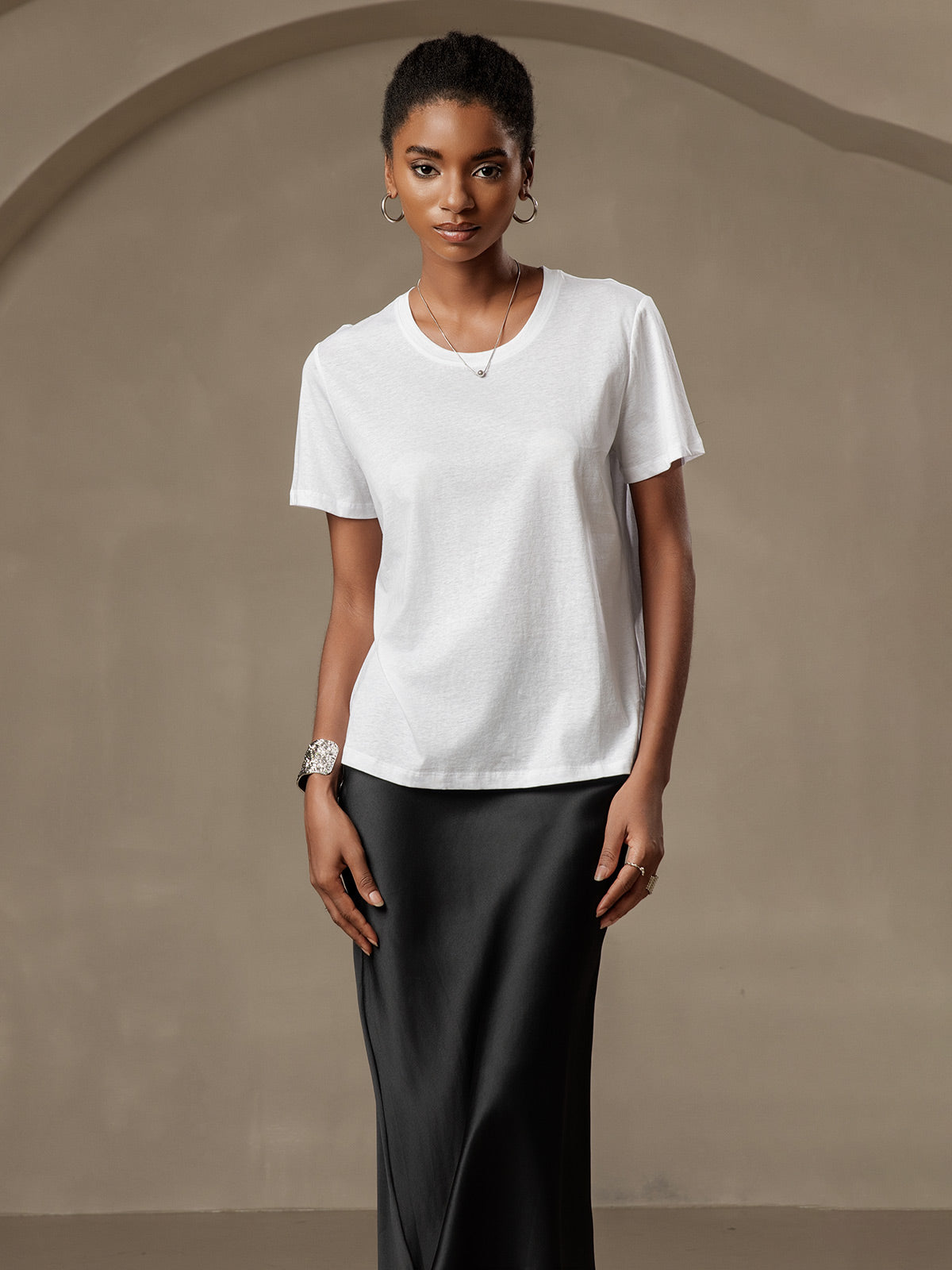 [Bianco] SilkSilky-IT Maglia di seta Maniche Corte Round Neck Magliette donna 001
