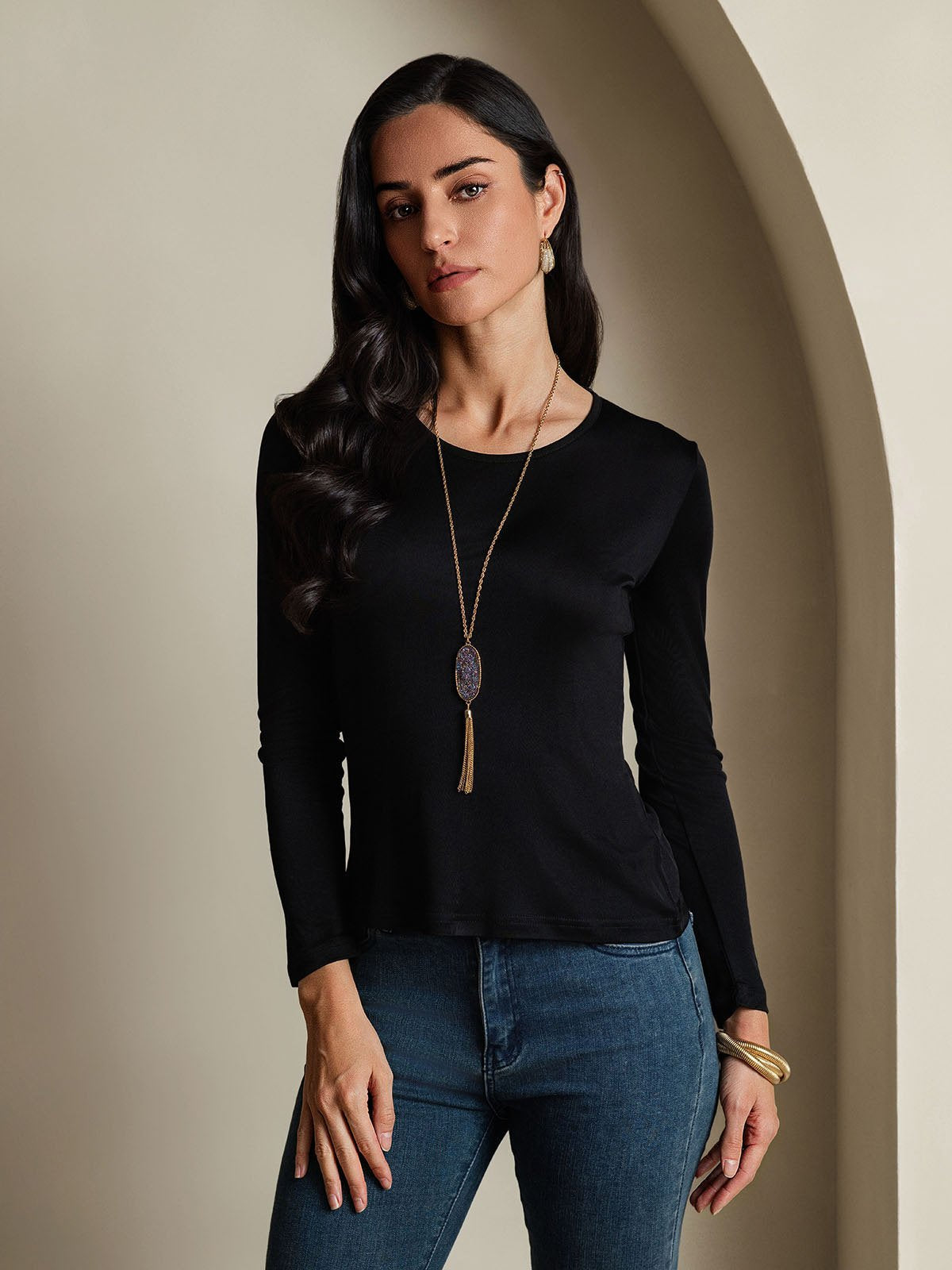 [Nero] SilkSilky-IT Manica lunga Scollo rotondo Magliette donna 003