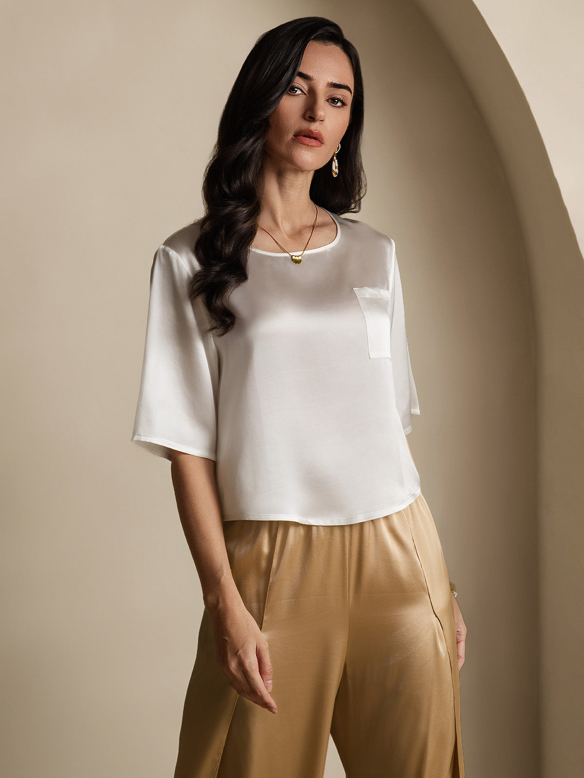 [Bianco] SilkSilky-IT Manga media Scollo A Coppa Magliette donna 005