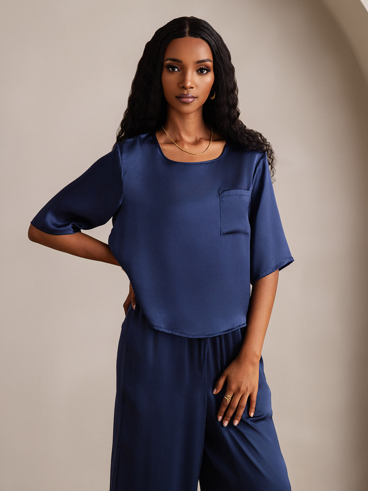 [Blu Scuro] SilkSilky-IT Seta pura Womens Pajamas 007