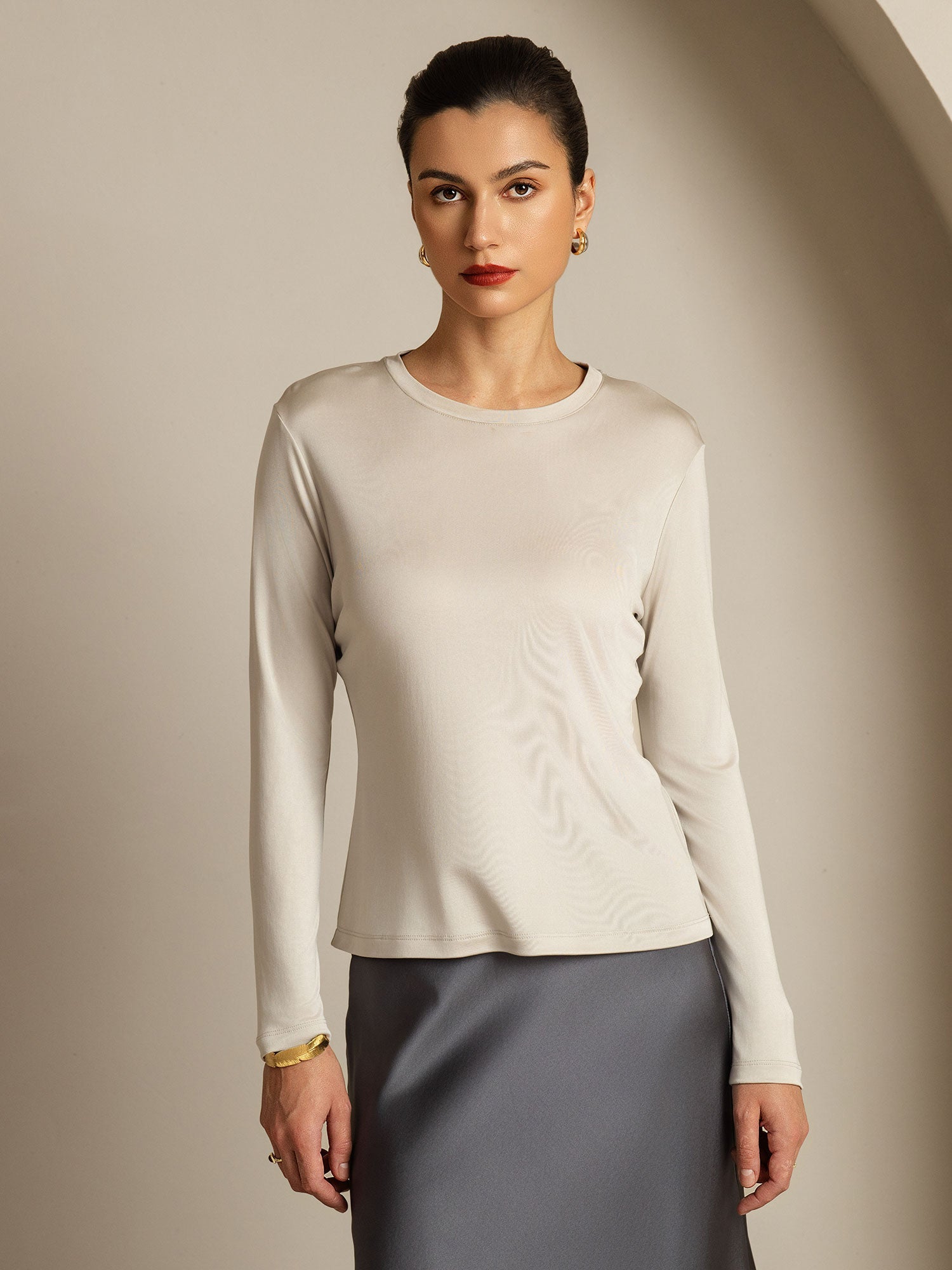 [Grigio] SilkSilky-IT Seta pura Womens T-Shirt 003,