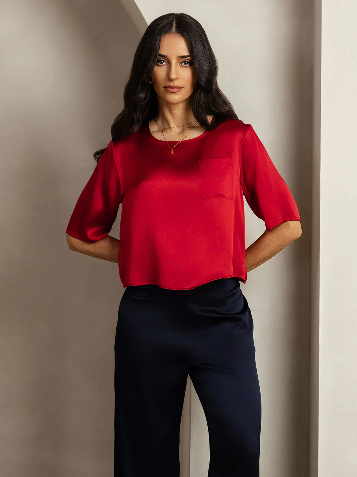 [Rosso Scuro] SilkSilky-IT Seta pura Womens T-Shirt 001