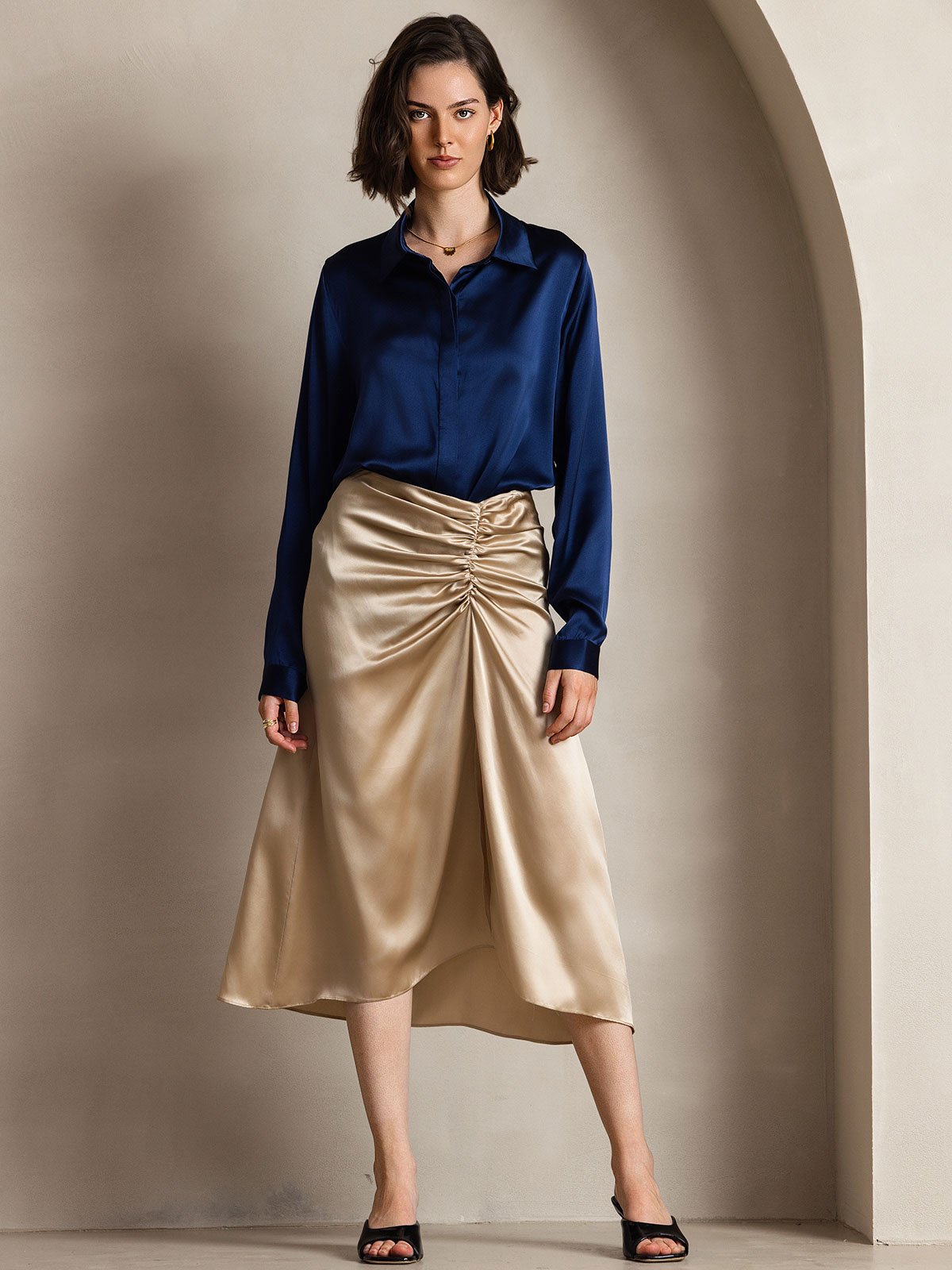 [Blu Scuro] SilkSilky-IT 19Momme Seta Manica lunga Colletto risvolto Camicie da donna 001