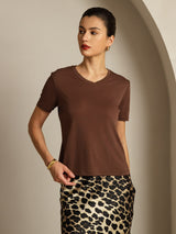 [Caffè] SilkSilky-IT Short Sleeve V Neck Magliette donna 007