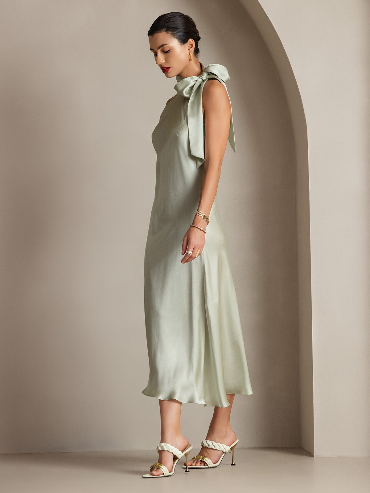 [Verde Chiaro] SilkSilky-IT 19Momme Seta Senza maniche Nodo al collo Vestiti da donna 007