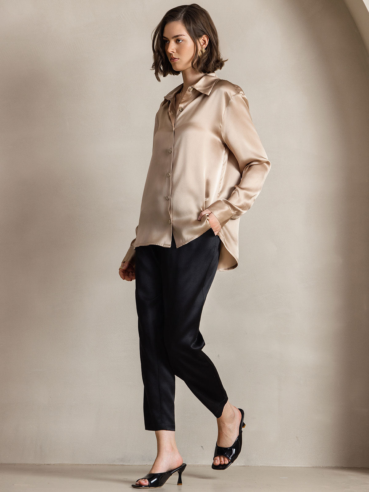 [Champagne] SilkSilky-IT Seta Colletto risvolto Camicie da donna 007