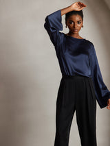 [Blu Scuro] SilkSilky-IT Long Sleeve Boat Neck Camicette 005