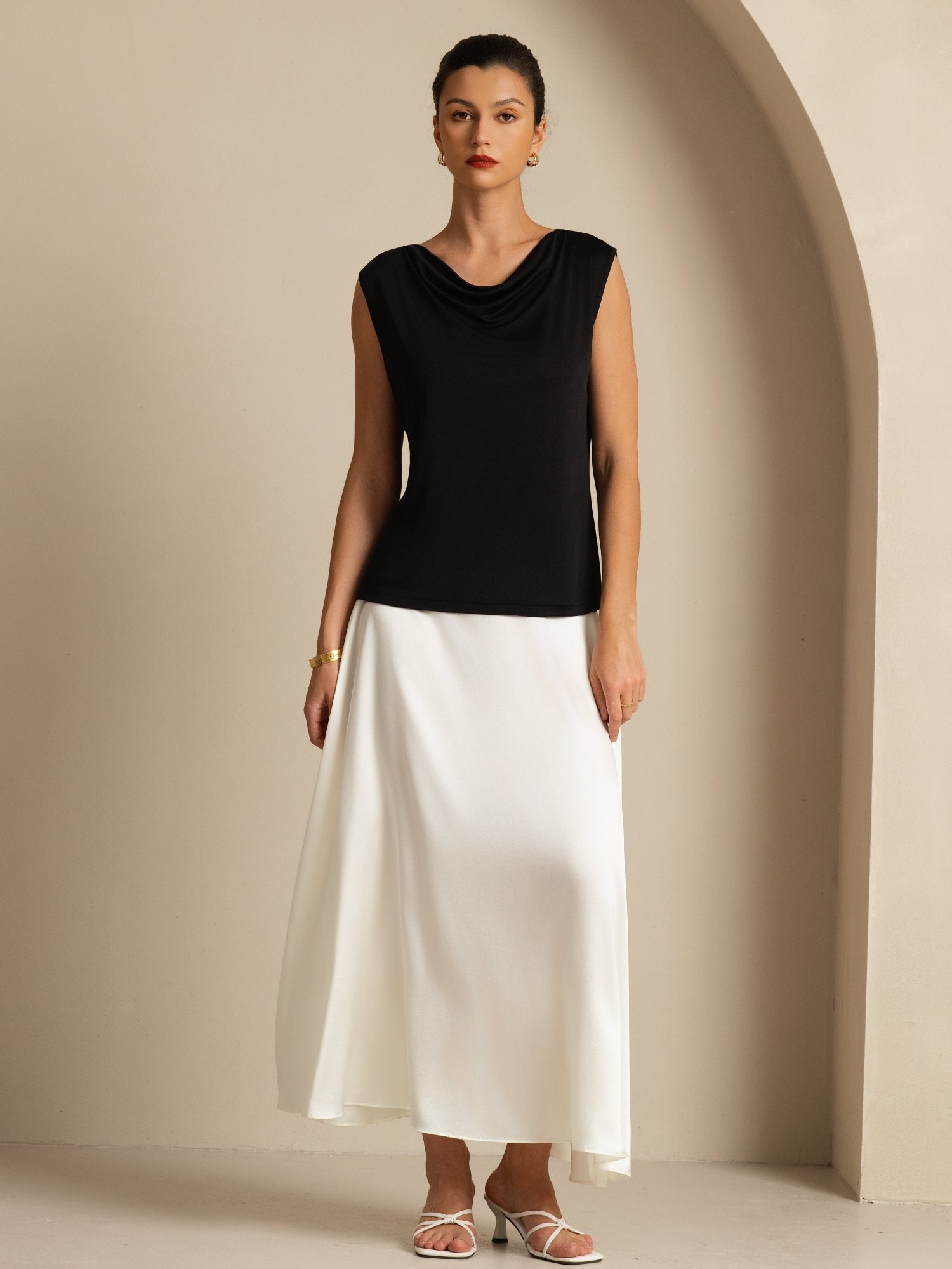 [Nero] SilkSilky-IT Senza maniche Collo drappeggiato Magliette donna 007