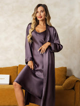 [Grigio Porpora] SilkSilky-IT Manica lunga Scollo a V Set camicia e vestaglia 003