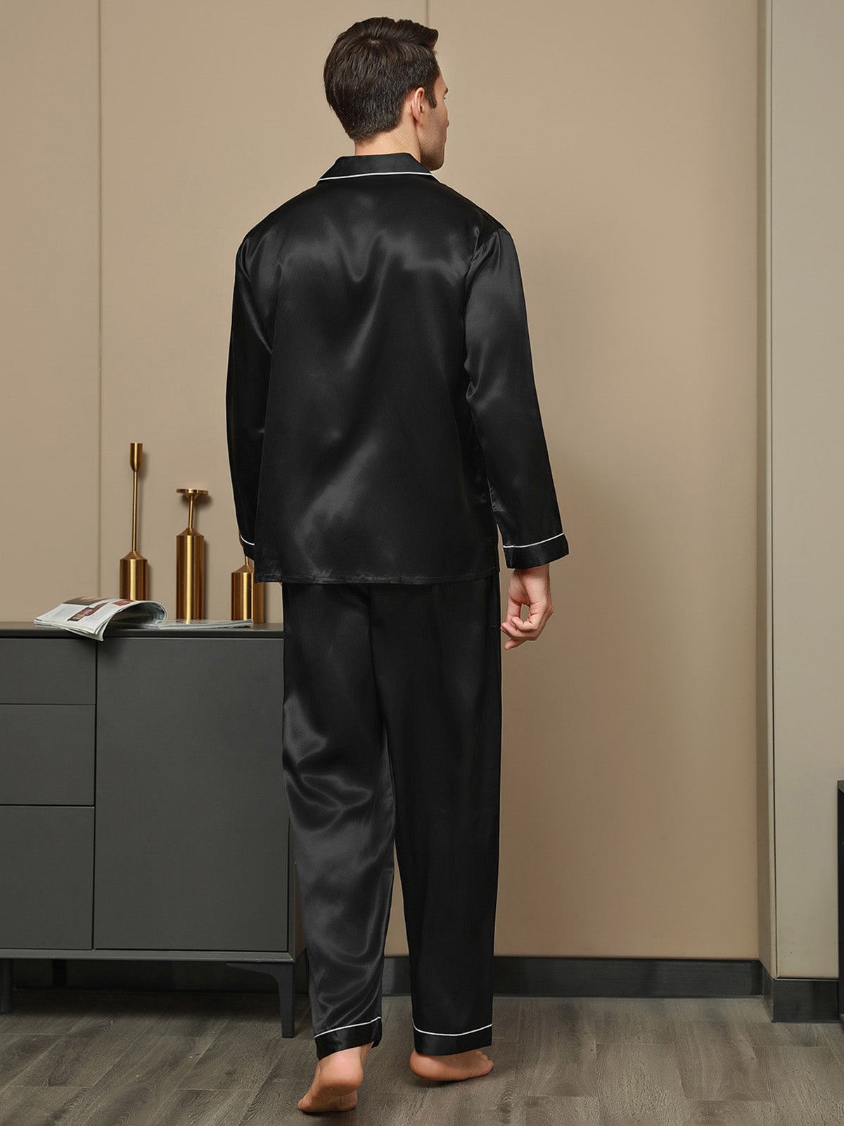 [Nero] SilkSilky-IT Long Sleeve Lapel Collar Pigiami da uomo 002