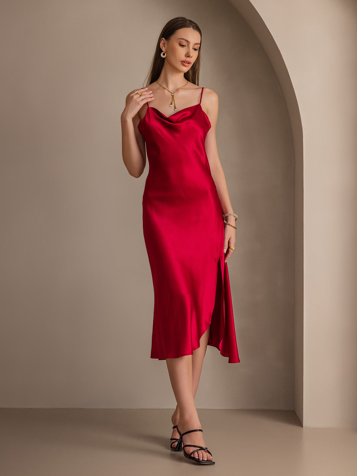 [Vino] SilkSilky-IT 19Momme Seta pura Collo drappeggiato Vestiti da donna 005