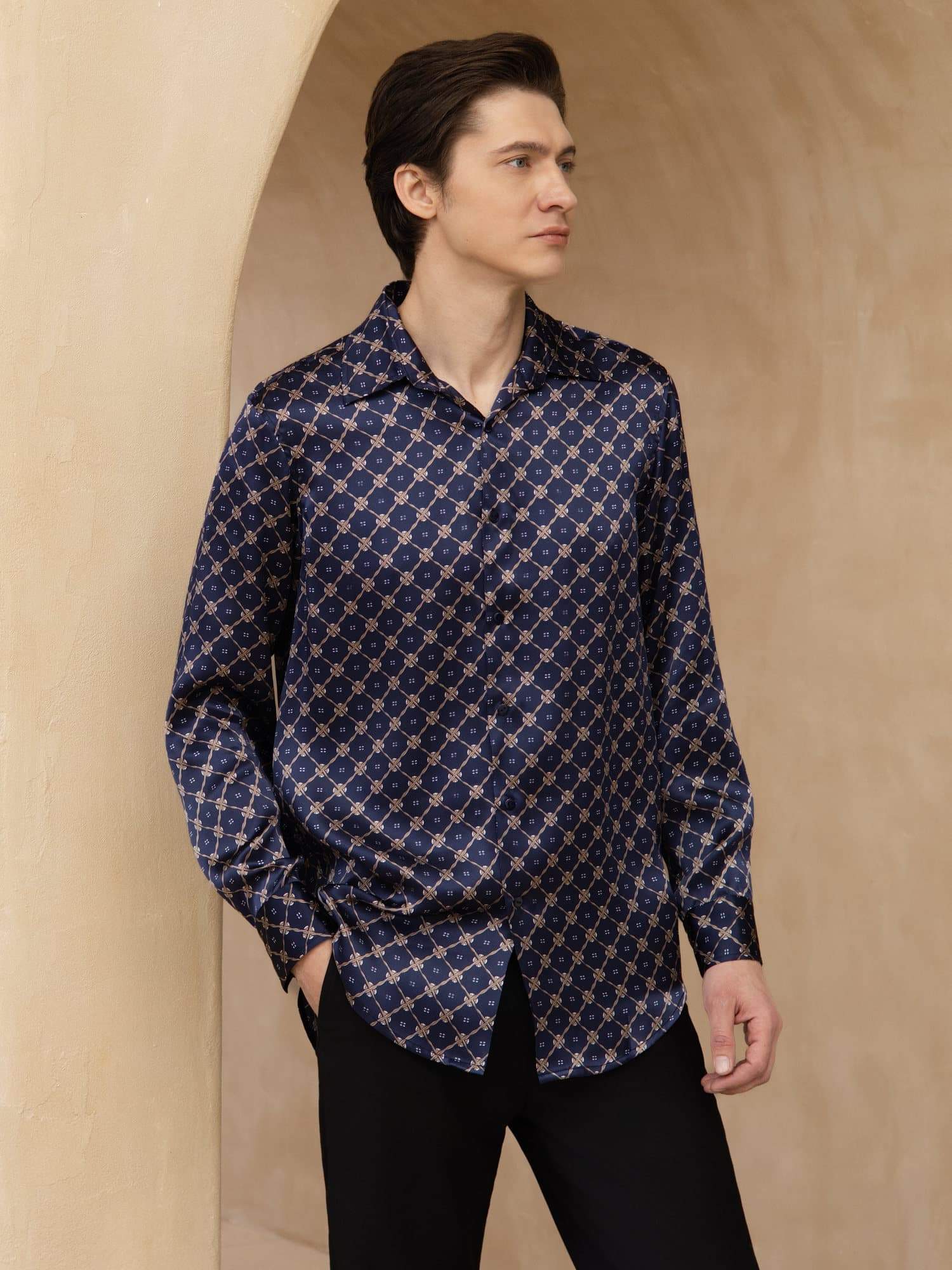 [Catena Blu Navy] SilkSilky-IT Manica lunga Colletto con Revers Camicia da uomo 001