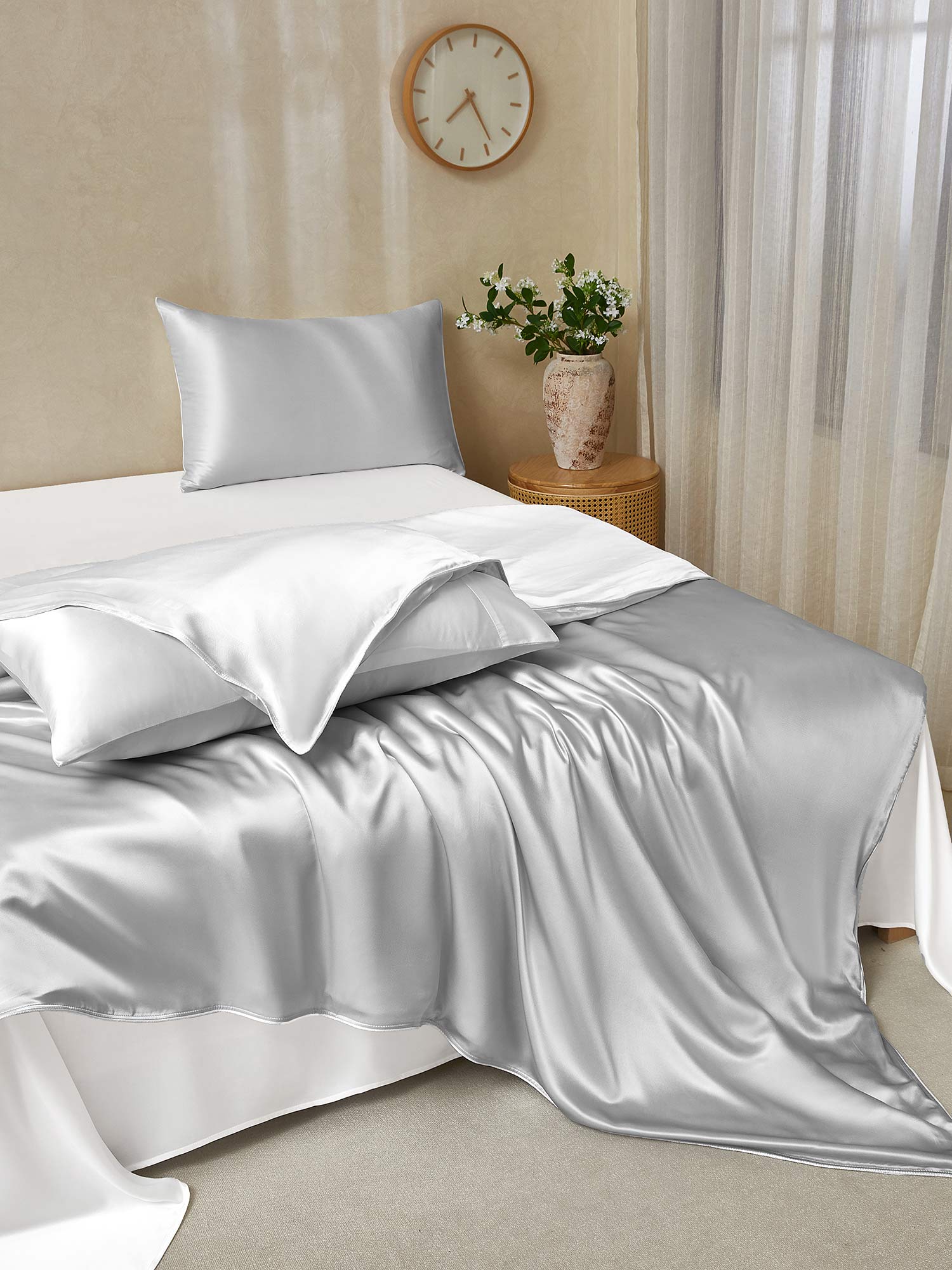 [GrigioChiaro+Bianco] SilkSilky-IT 19Momme Seta pura Bedding Set 003,