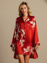 [Rosso Scuro] SilkSilky-IT Long Sleeve Lapel Collar Camicia da notte 003