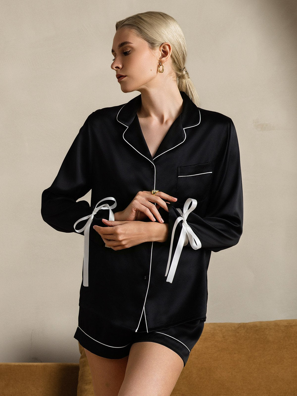 [Nero] SilkSilky-IT Seta pura Manica lunga Collo risvolto dentellato Pigiami da donna 003
