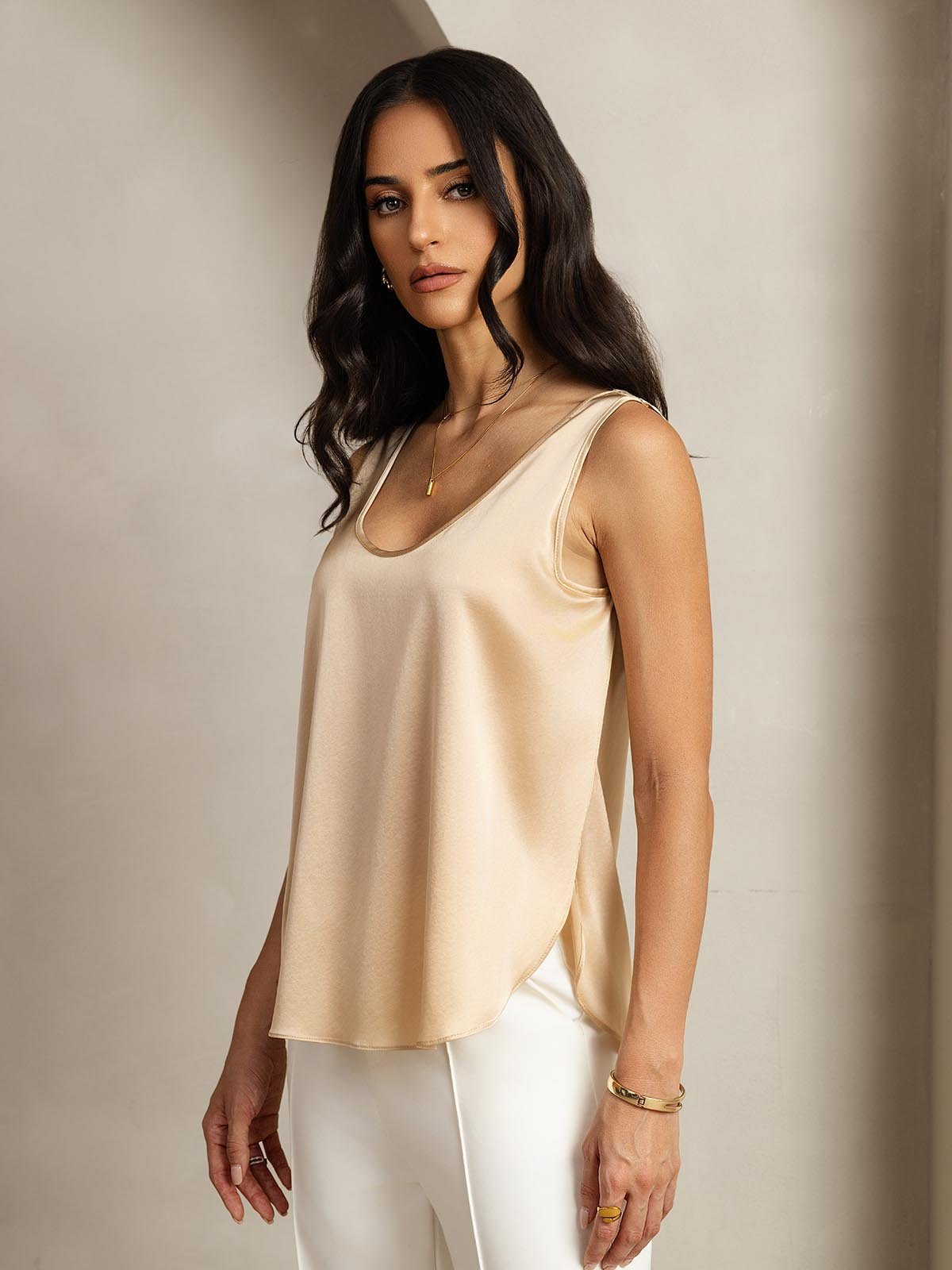 [Champagne] SilkSilky-IT 19Momme Seta Womens T-Shirt 001