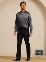 [Grigio Scuro] SilkSilky-IT Long Sleeve Stand Collar Camicia da uomo 008