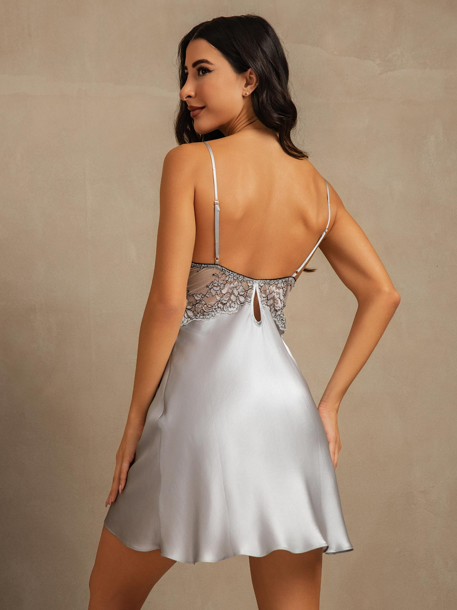 [Blu Grigiastro] SilkSilky-IT Seta pura Scollo a V profondo Camicia da notte 002