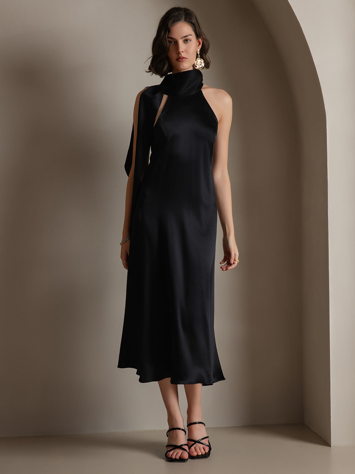 SilkSilky-IT 19Momme Seta Senza maniche Nodo al collo Vestiti da donna Nero 005