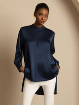[Blu Scuro] SilkSilky-IT 19Momme Manica lunga Collo Alto Camicette 007