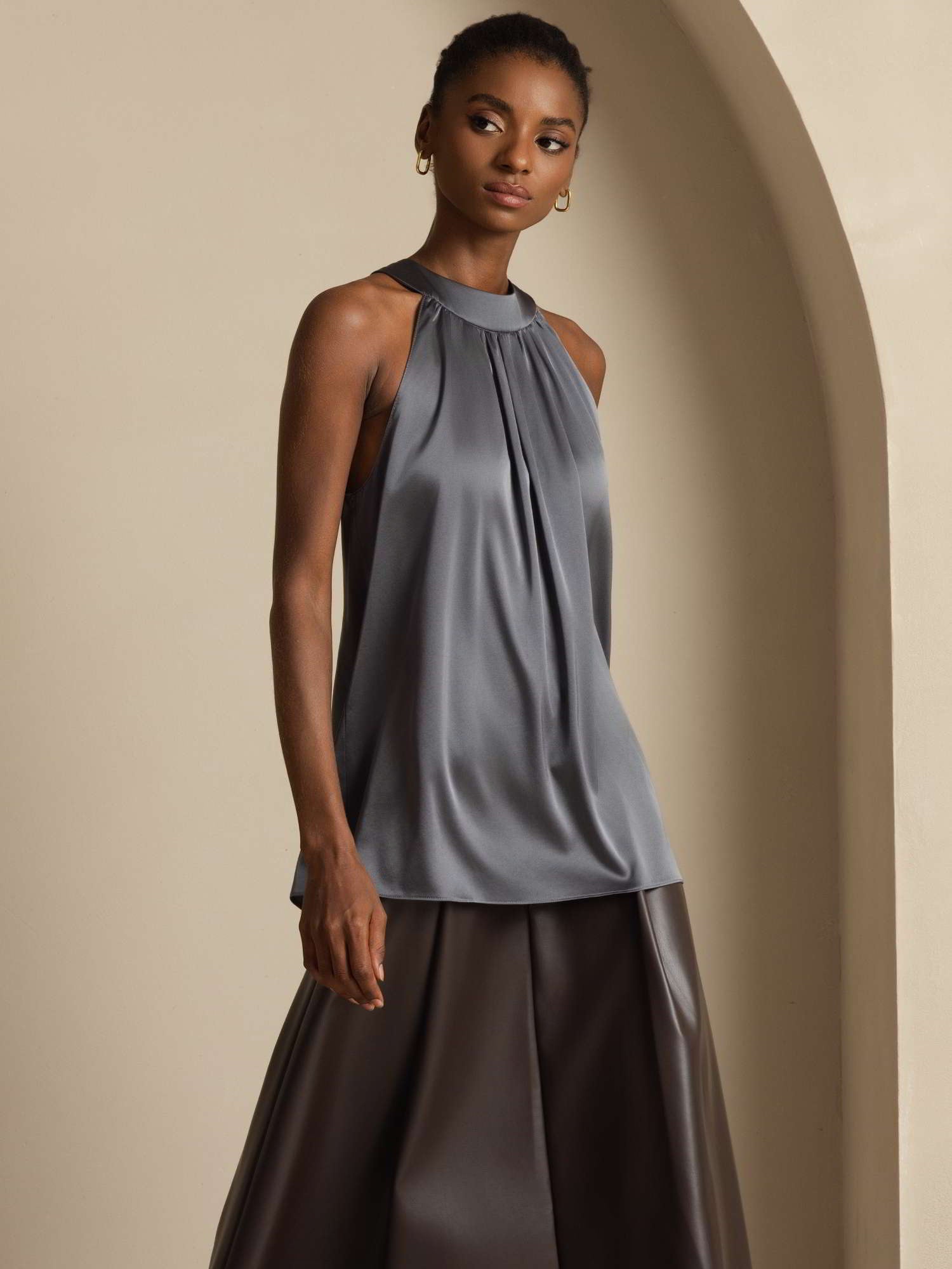 [Grigio Scuro] SilkSilky-IT 19Momme Seta Senza maniche Womens T-Shirt 007