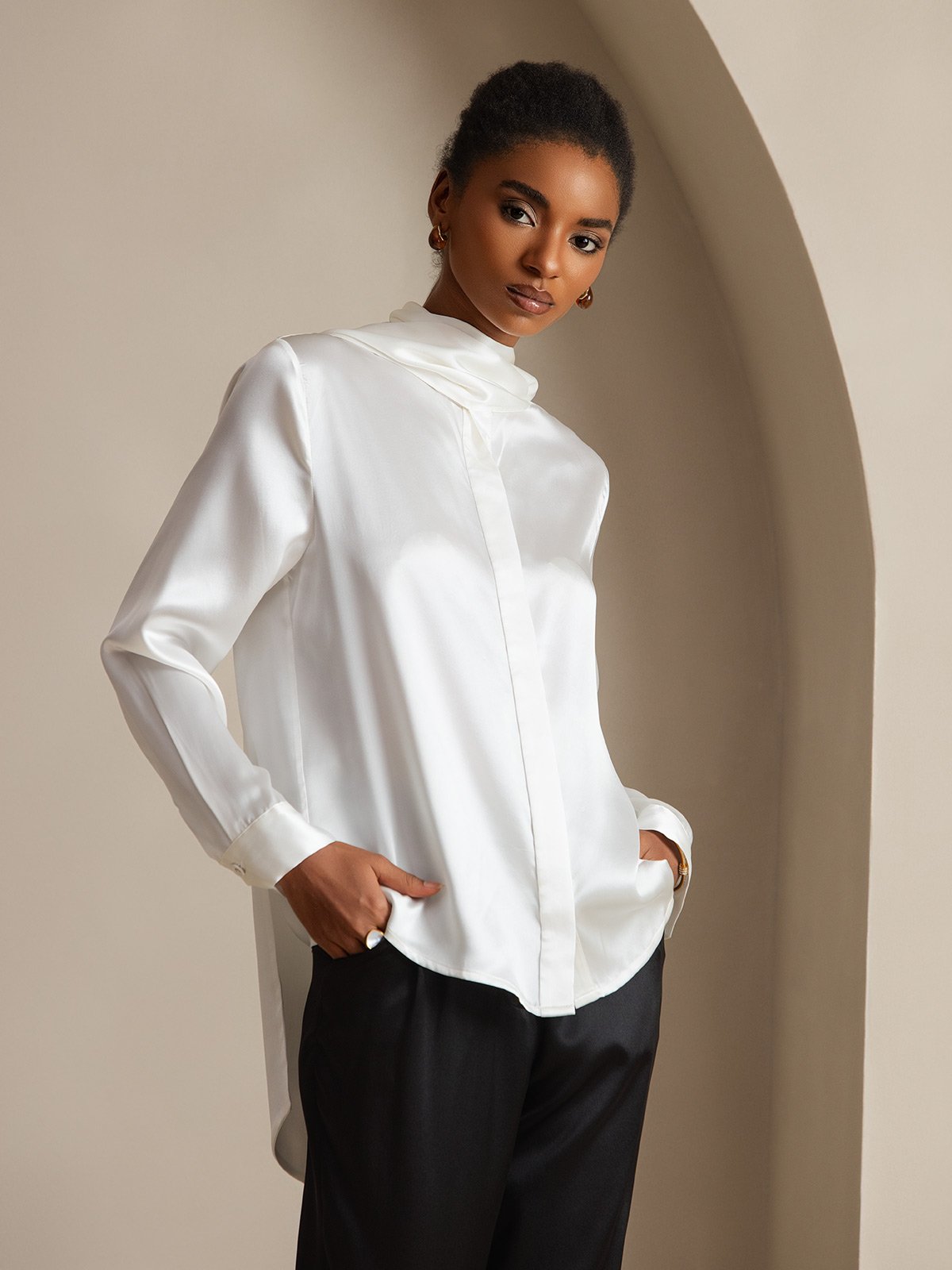 [Bianco] SilkSilky-IT 19Momme Seta Womens Shirt 005
