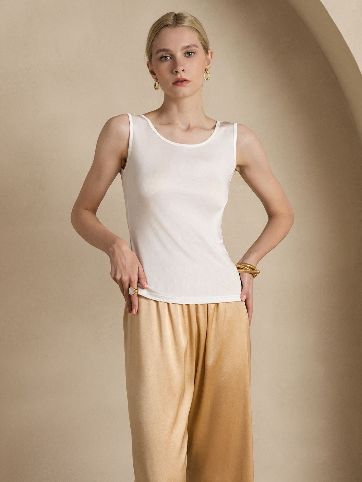 [Bianco] SilkSilky-IT Maglia di seta Senza maniche Round Neck Magliette donna 005