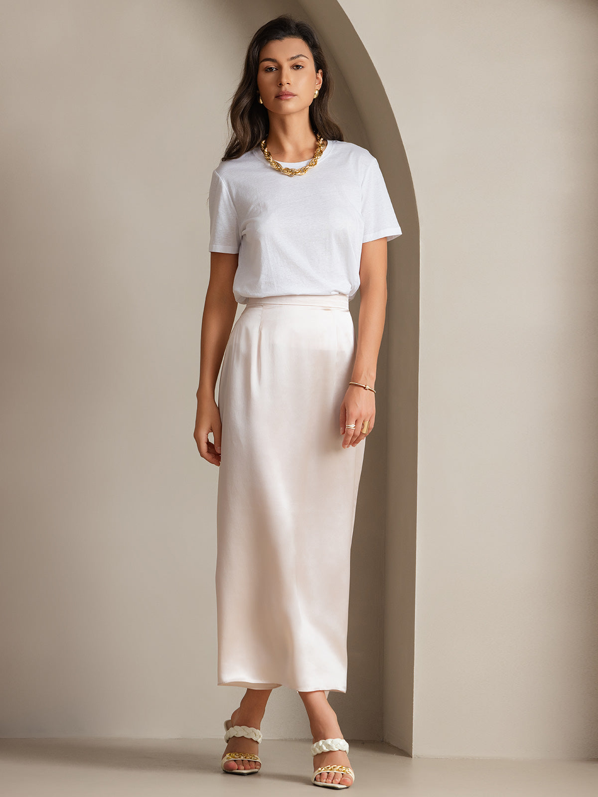 [Bianco] SilkSilky-IT Maglia di seta Maniche Corte Round Neck Magliette donna 006