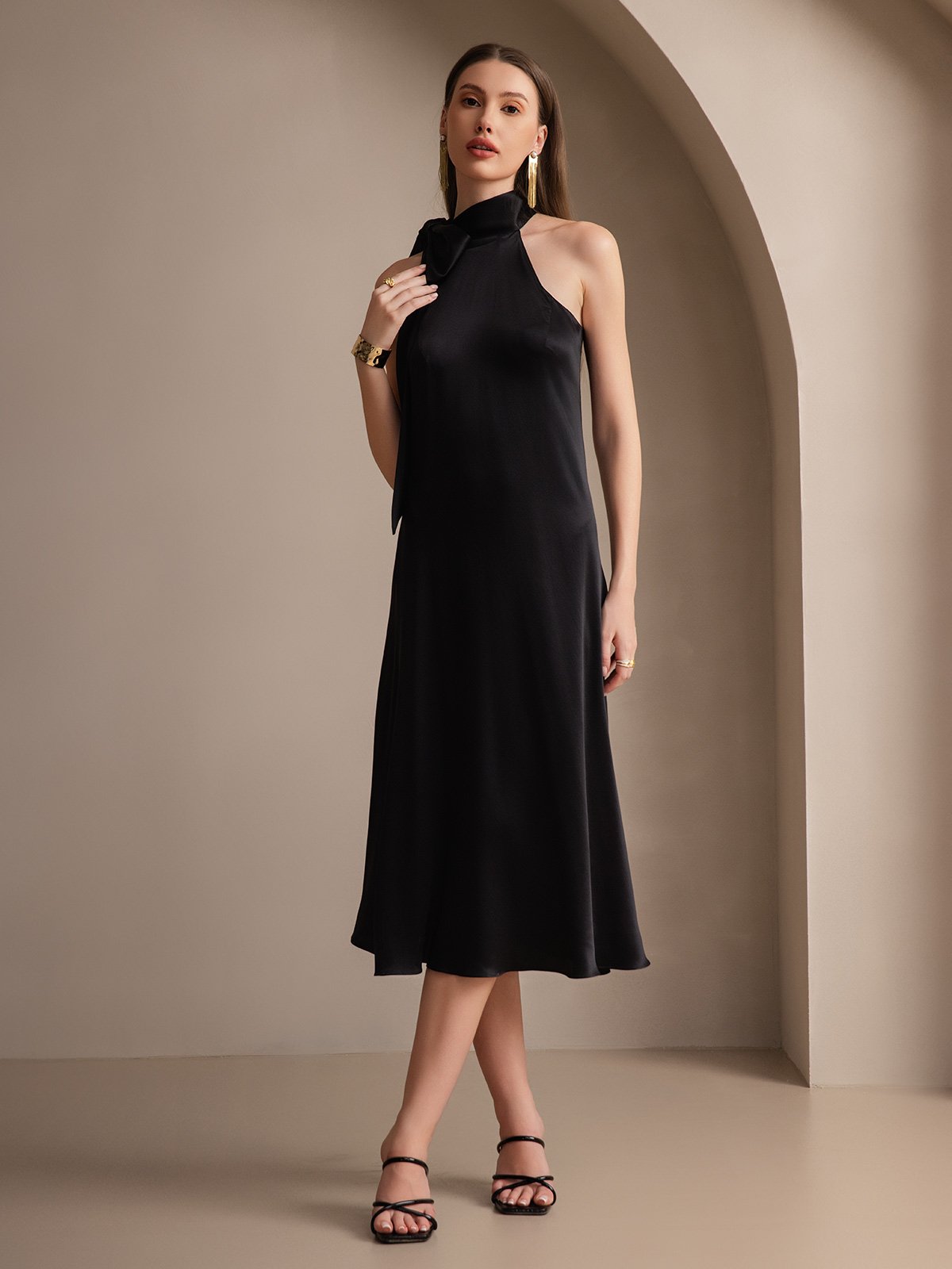 [Nero] SilkSilky-IT 19Momme Seta Senza maniche Nodo al collo Vestiti da donna 004