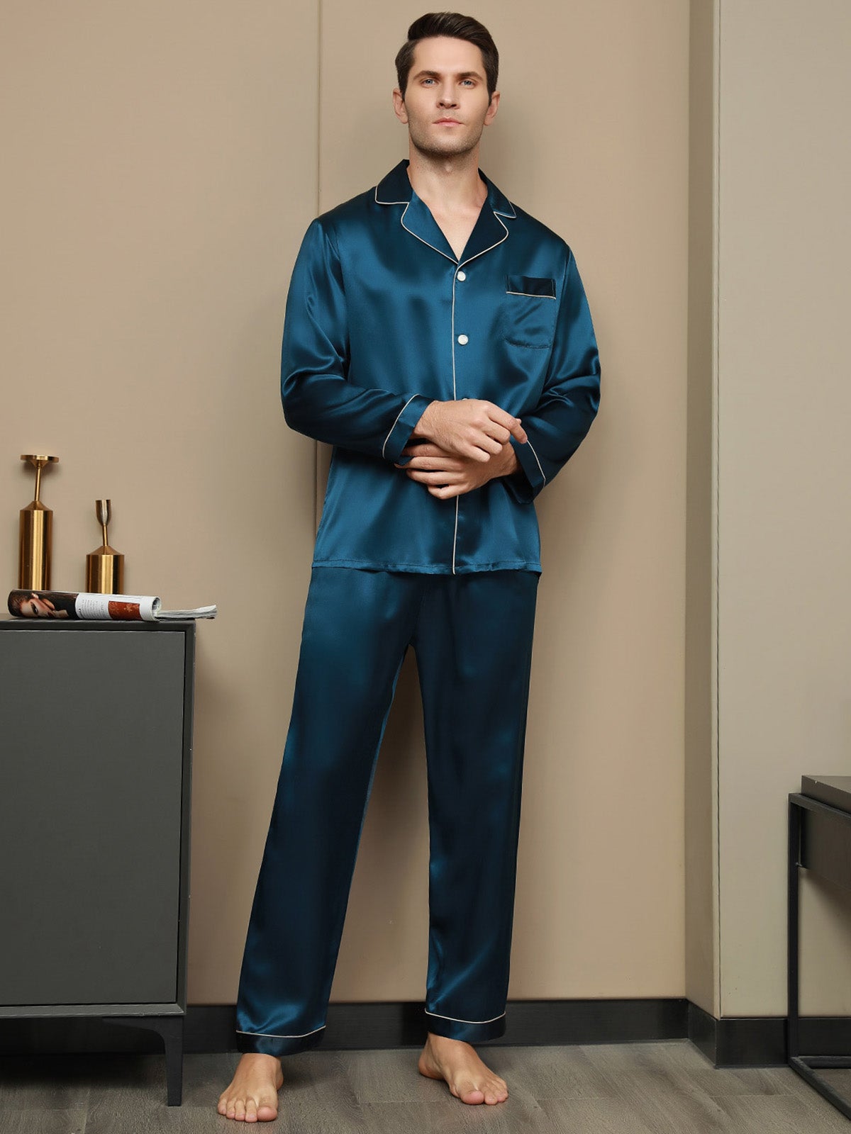 [Verde Acqua] SilkSilky-IT 19Momme Seta pura Mens Pajamas 001