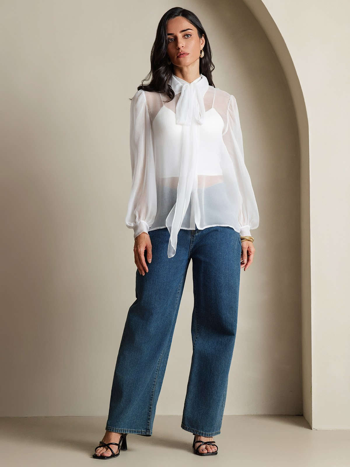 SilkSilky-IT Seta pura Manica lunga Nodo al collo Camicie da donna Bianco 007
