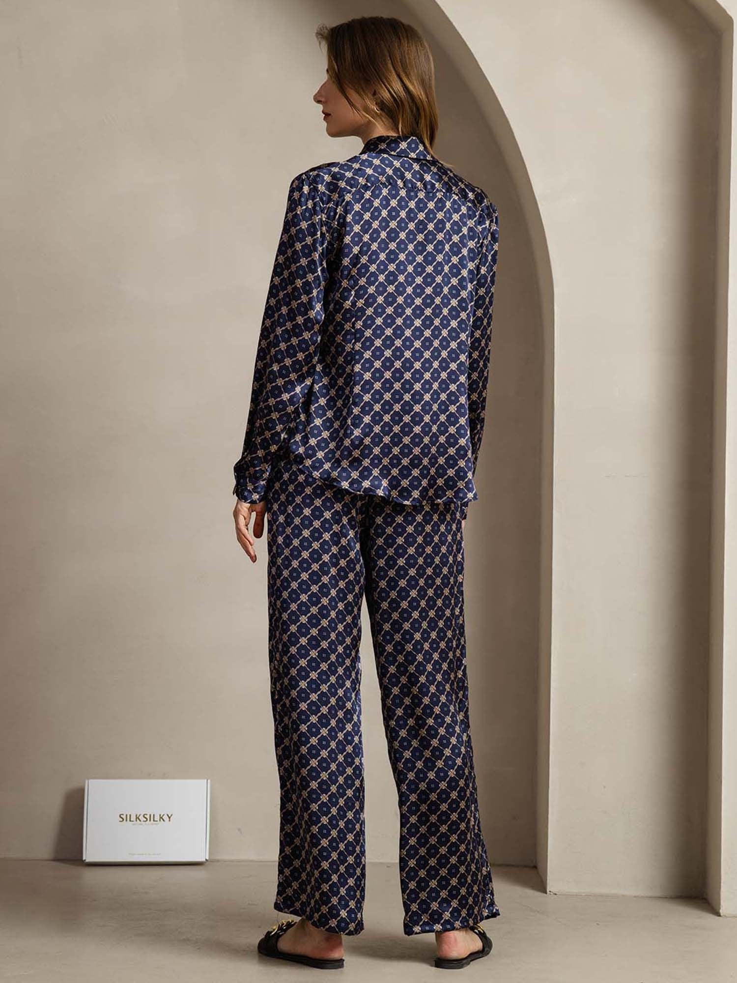 [Catena Blu Navy] SilkSilky-IT 19Momme Seta Colletto risvolto Women''s Outfit Sets 002