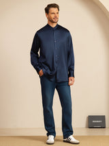 [Blu Scuro] SilkSilky-IT Long Sleeve Stand Collar Camicia da uomo 008