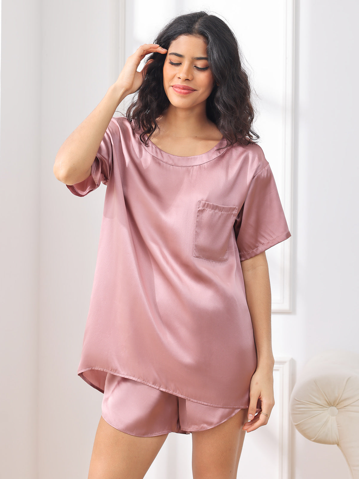 SilkSilky-IT Seta pura Maniche Corte Womens Pajamas MalvaPallido 003