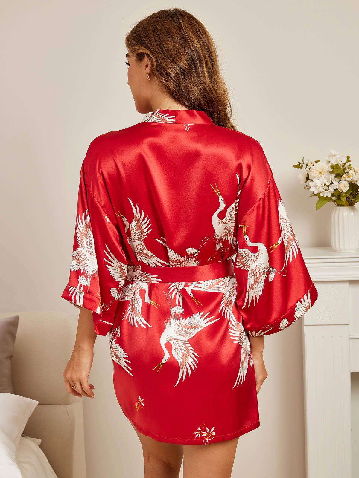 SilkSilky-IT 19Momme Seta pura A tre quarti Scollo a V profondo Vestaglia da donna RossoScuro 002