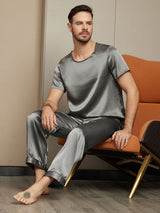 [Grigio Scuro] SilkSilky-IT Seta pura Maniche Corte Round Neck Pigiami da uomo 004